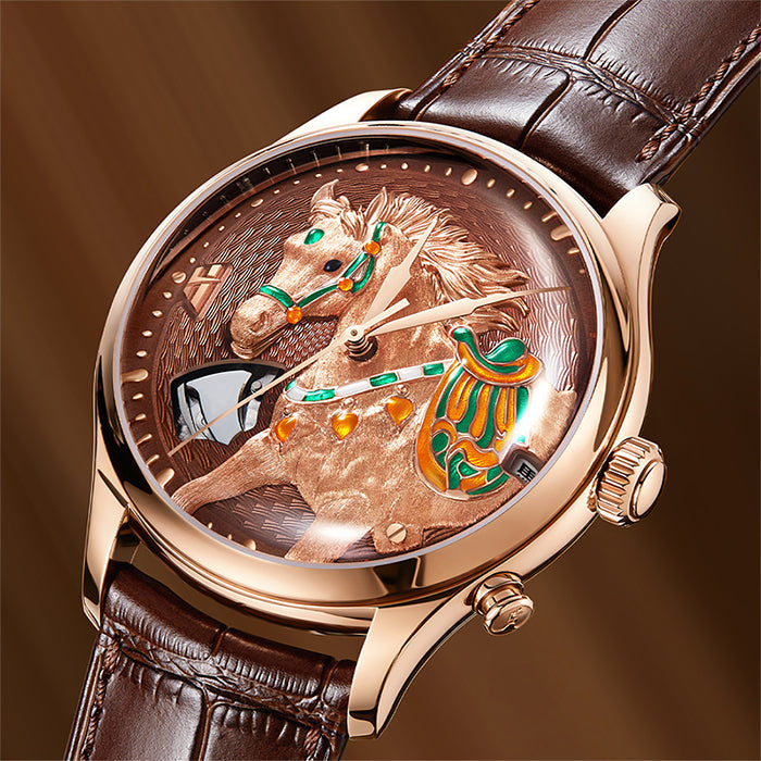 Lucky Harvey ZLS502-2 rose gold chiming horse automatic watch dial close-up in warm lifestyle scene