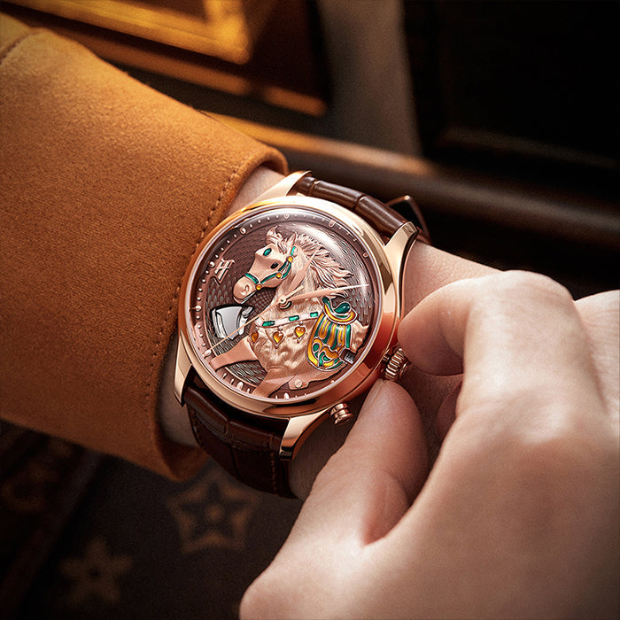 Lucky Harvey ZLS502-2 chiming horse automatic watch shown on a wrist with tan jacket sleeve