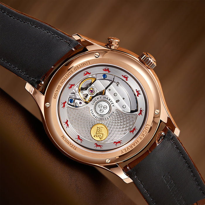 Lucky Harvey ZLS502-2 chiming horse automatic watch caseback with exposed movement and limited edition engraving