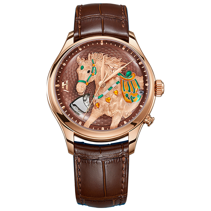 Lucky Harvey ZLS502-2 rose gold titanium chiming horse automatic watch with brown dial, front view
