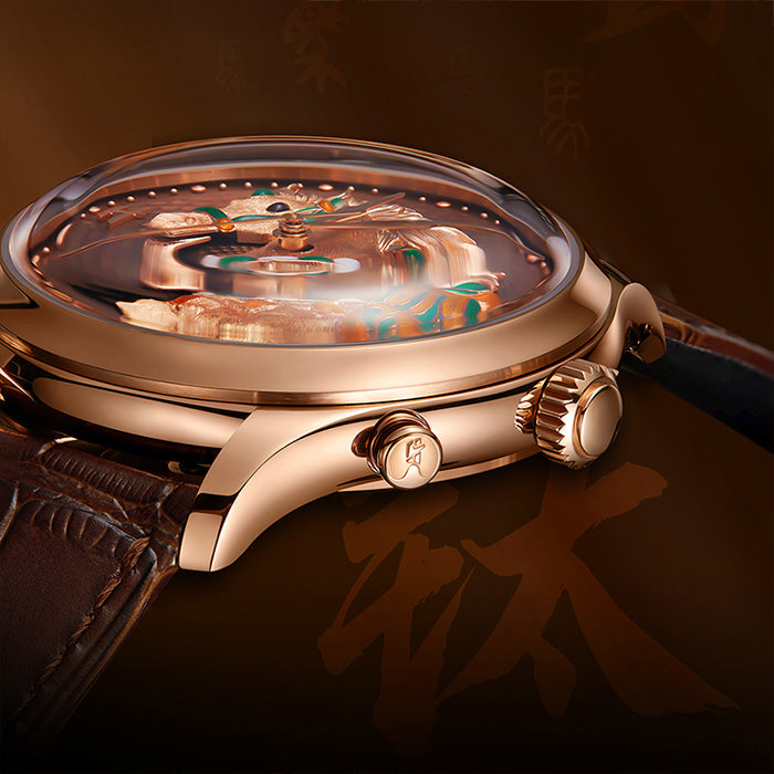 Lucky Harvey ZLS502-2 rose gold chiming horse automatic watch, side profile showing crown and pusher