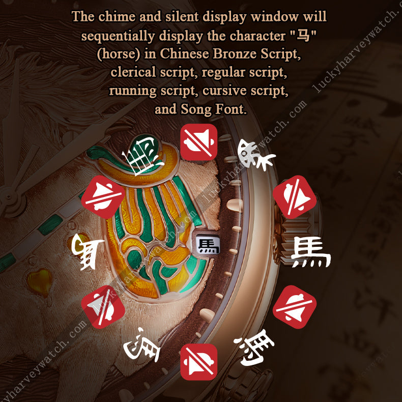 Lucky Harvey ZLS502-3 chime and silent display window showing horse character in six Chinese script styles