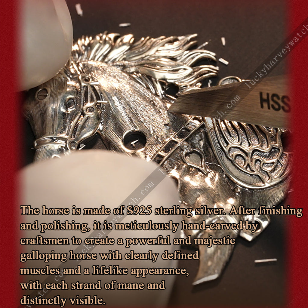 Lucky Harvey ZLS502-3 hand-carved S925 sterling silver horse sculpture being finished by craftsman