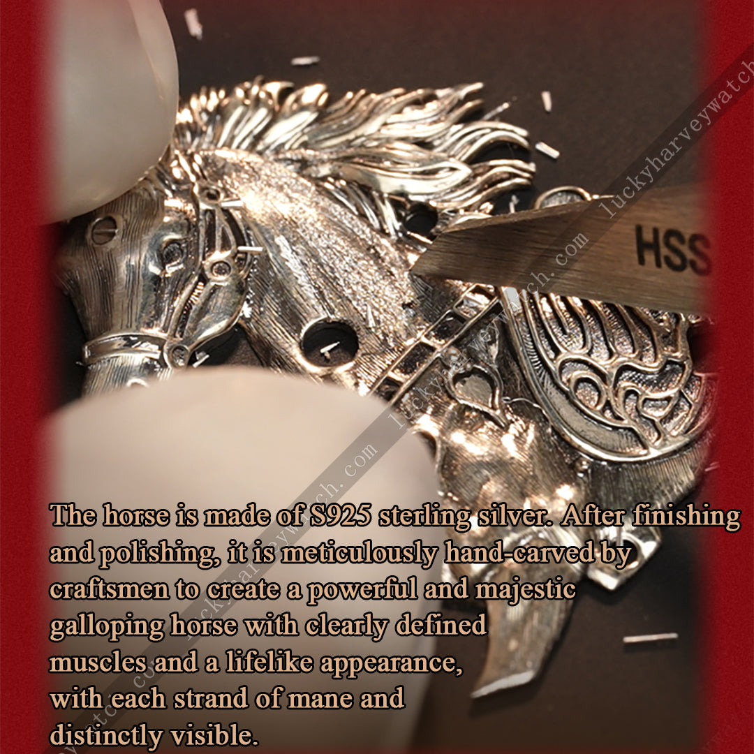 Lucky Harvey ZLS502-3 hand-carved S925 sterling silver horse sculpture being finished by craftsman