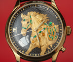 Lucky Harvey ZLS502-3 dial close-up showing sculpted gold horse with green and orange enamel saddle