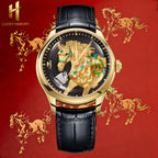 Lucky Harvey ZLS502-3 gold horse automatic watch on red background with galloping horse silhouettes and brand logo