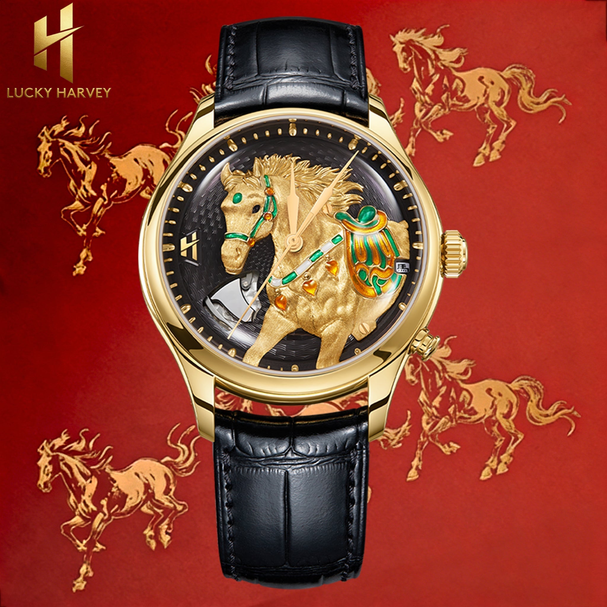 Lucky Harvey ZLS502-3 gold horse automatic watch on red background with galloping horse silhouettes and brand logo