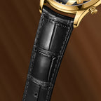 Lucky Harvey ZLS502-3 black imported cowhide alligator-pattern leather strap close-up with gold case lugs