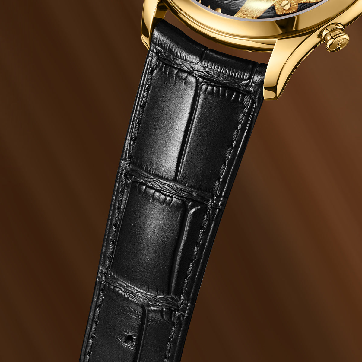 Lucky Harvey ZLS502-3 black imported cowhide alligator-pattern leather strap close-up with gold case lugs