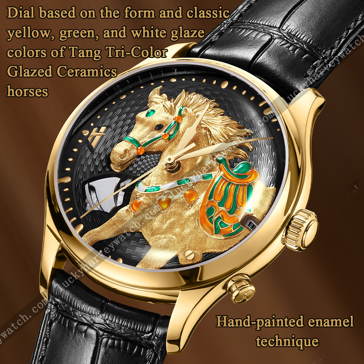 Lucky Harvey ZLS502-3 watch with text describing Tang Tri-Color Glazed Ceramics inspired dial and hand-painted enamel