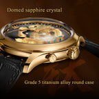 Lucky Harvey ZLS502-3 side profile with text noting domed sapphire crystal and Grade 5 titanium alloy round case