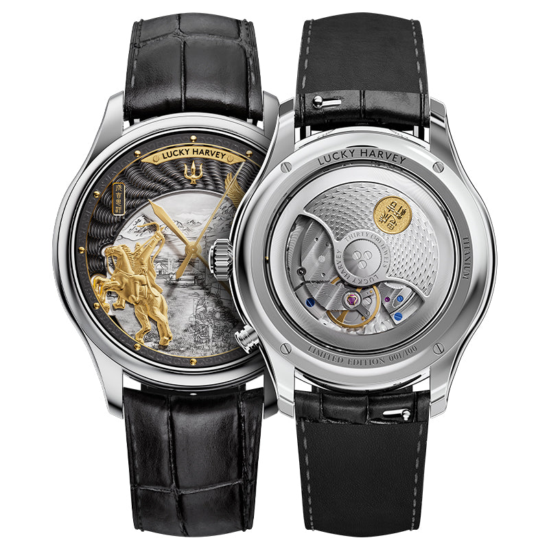 Lucky Harvey ZLS504-1 silver Genghis Khan horse rider eagle automaton chiming watch - front alt