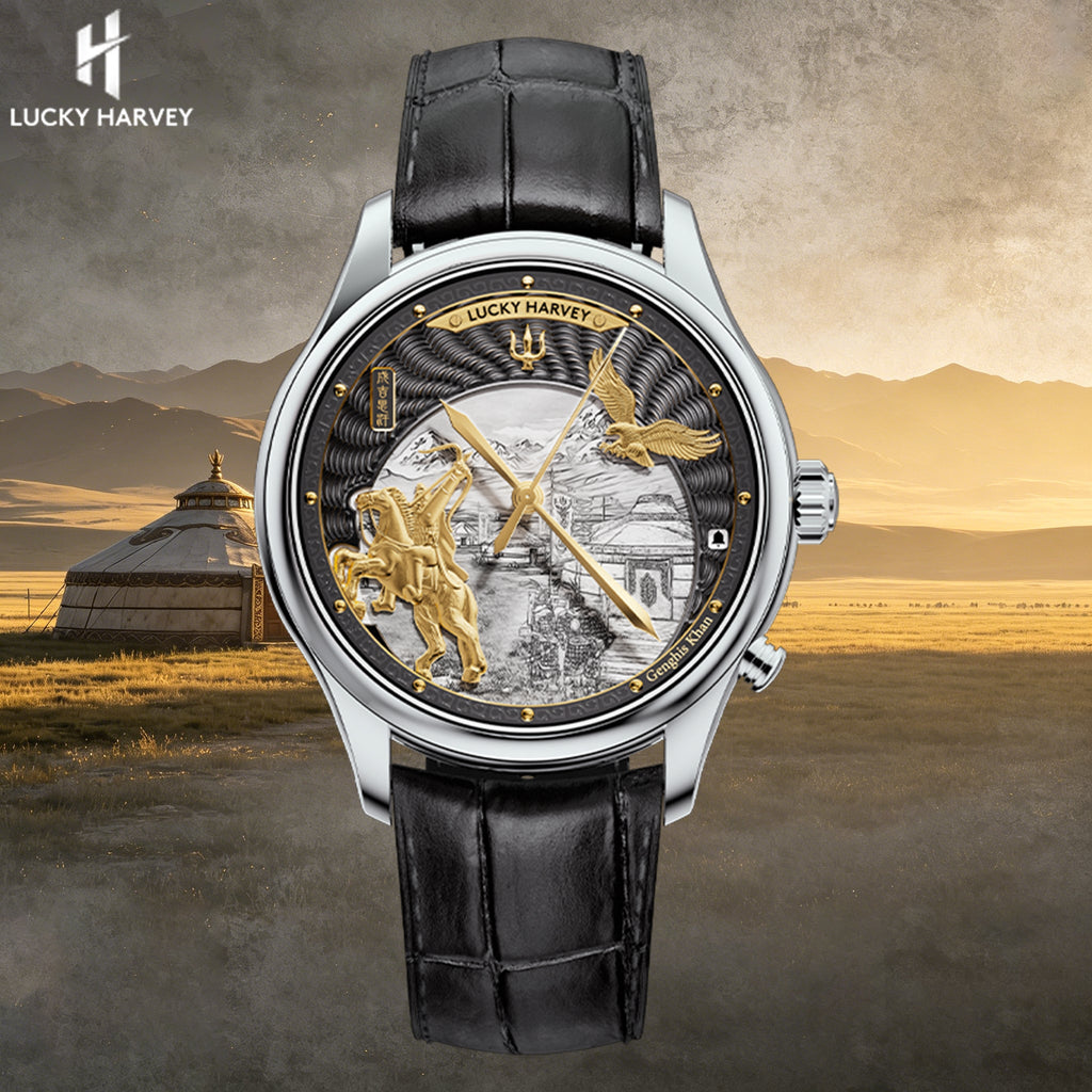 Lucky Harvey ZLS504-1 silver Genghis Khan horse rider eagle automaton chiming watch - front