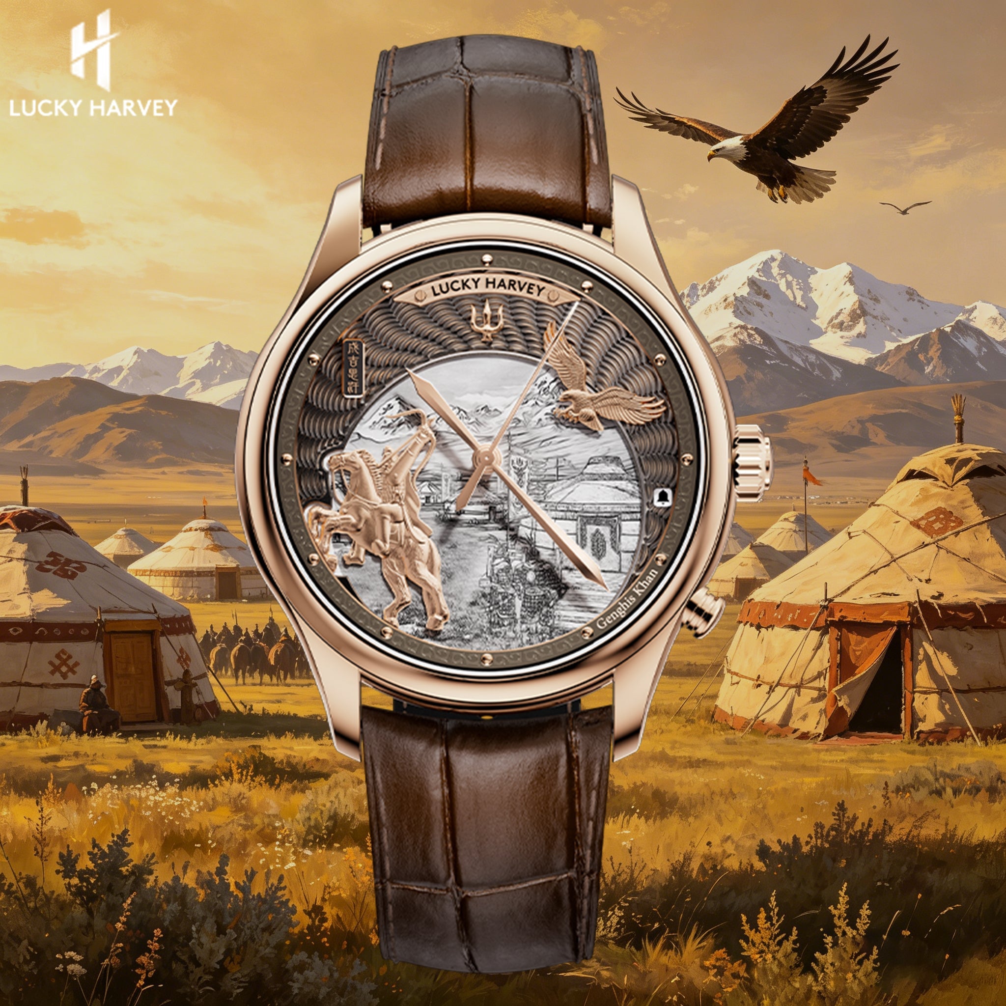 Lucky Harvey ZLS504-2 rose gold Genghis Khan horse rider eagle automaton chiming watch - front