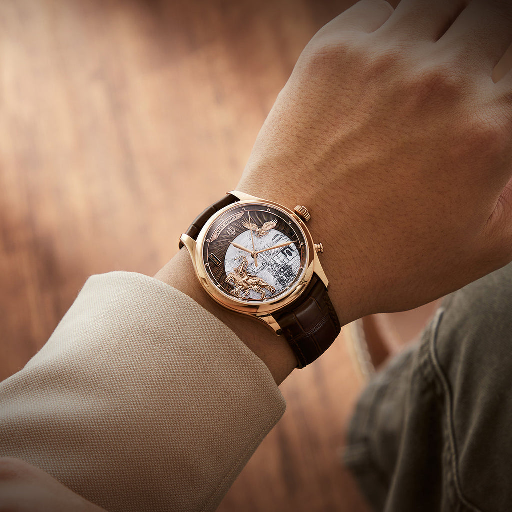 Lucky Harvey ZLS504-2 rose gold Genghis Khan horse rider eagle automaton chiming watch - sapphire side