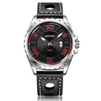 MEGIR 1019 men's sport watch, black Roman-numeral dial with red accents and silver-tone bezel, front studio view