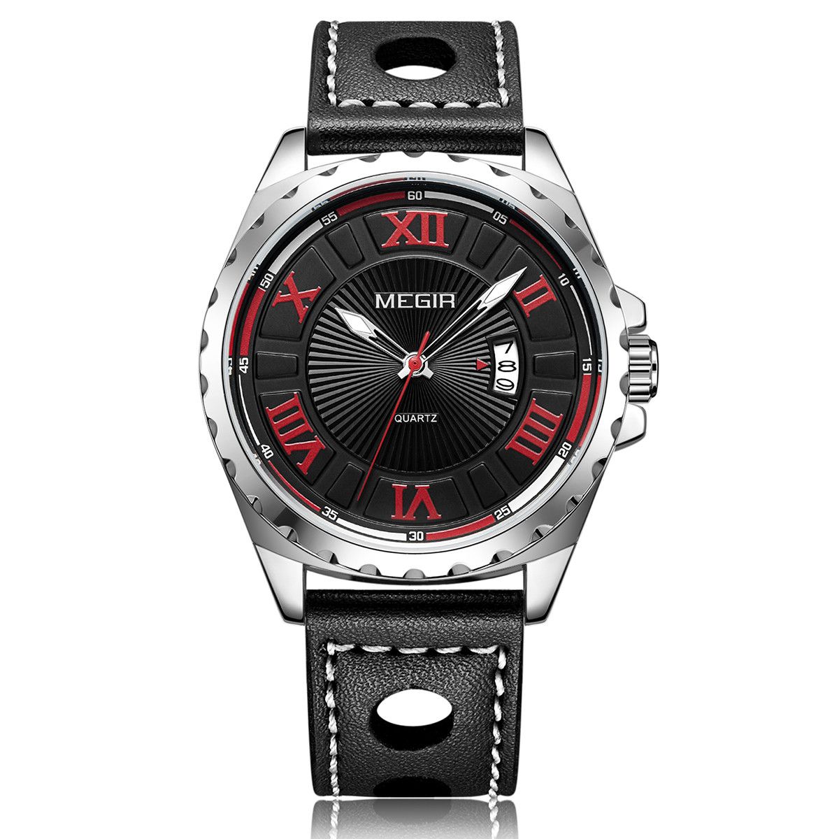 MEGIR 1019 men's sport watch, black Roman-numeral dial with red accents and silver-tone bezel, front studio view