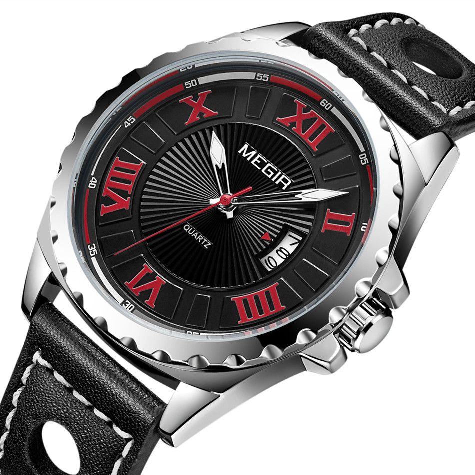 MEGIR 1019 men's sport watch, black Roman-numeral dial with red accents and coin-edge bezel, three-quarter view