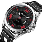 MEGIR 1019 men's sport watch, black Roman-numeral dial with red accents and coin-edge bezel, three-quarter view