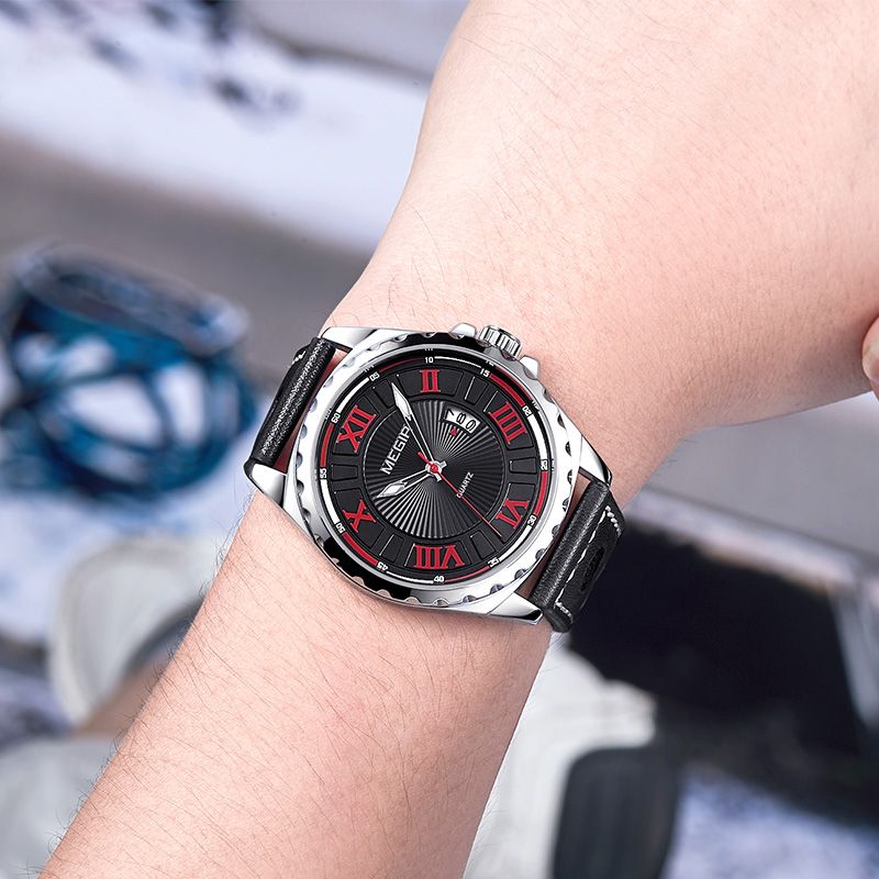 MEGIR 1019 men's sport watch on the wrist, black Roman-numeral dial with red accents and black leather strap