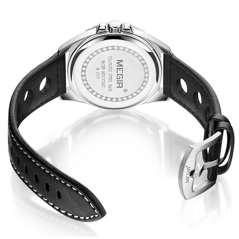 MEGIR 1019 men's sport watch silver-tone case back and buckle shown from the reverse over a black strap
