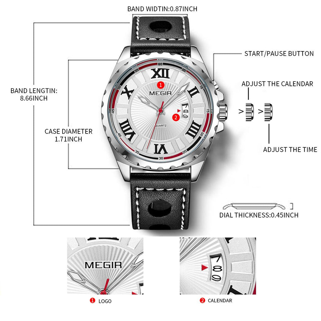 MEGIR 1019 men's sport watch graphic showing case and band dimensions and the crown controls