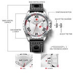 MEGIR 1019 men's sport watch graphic showing case and band dimensions and the crown controls
