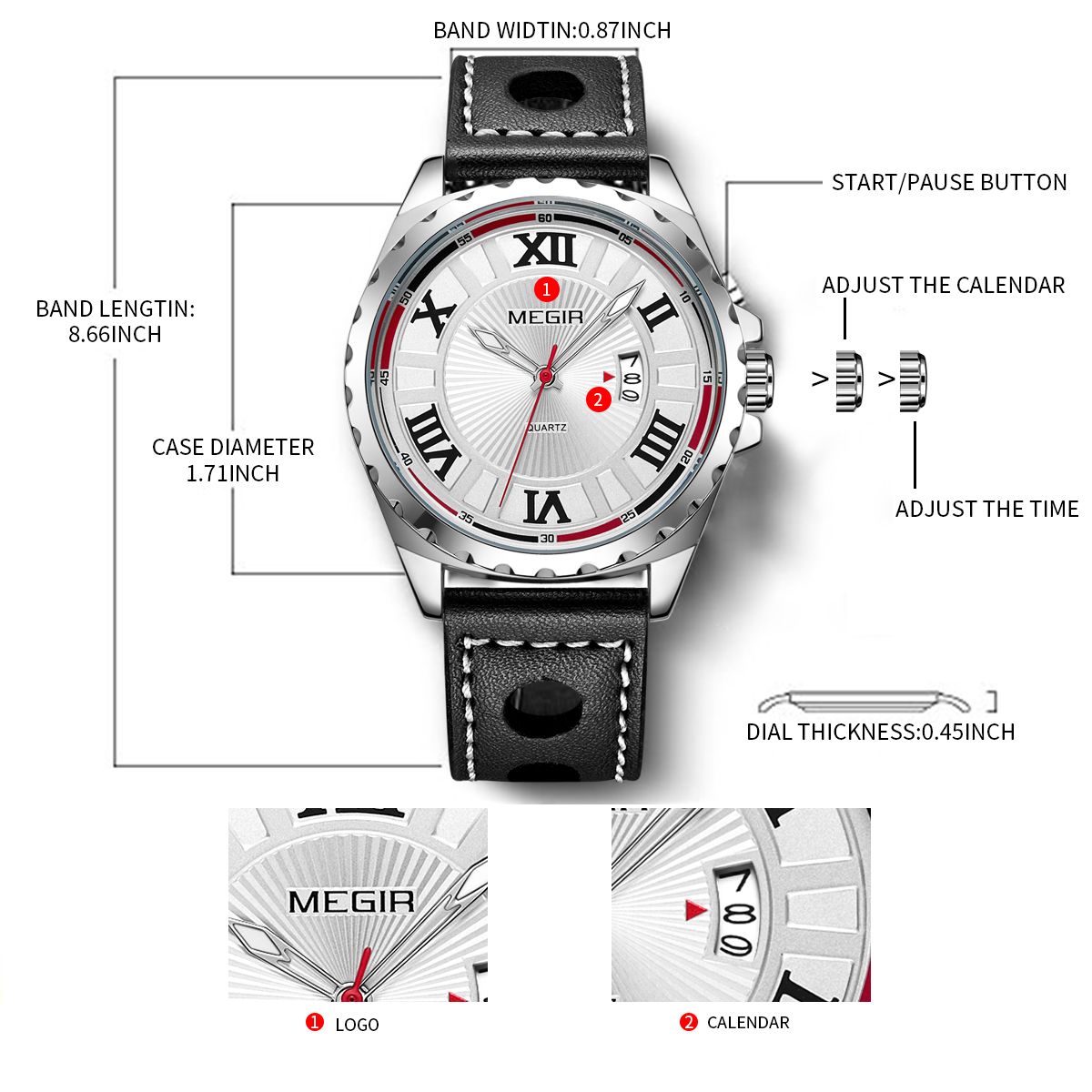 MEGIR 1019 men's sport watch graphic showing case and band dimensions and the crown controls