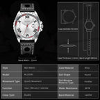 MEGIR 1019 men's sport watch parameters graphic with case diameter, thickness and band dimensions