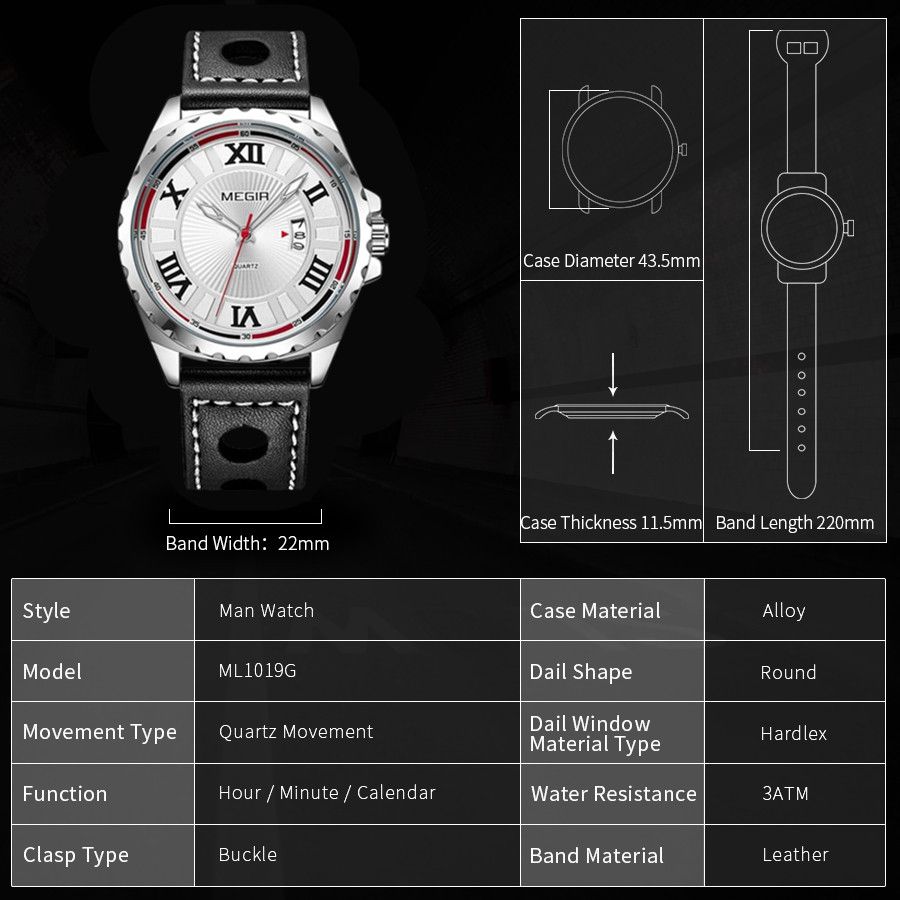MEGIR 1019 men's sport watch parameters graphic with case diameter, thickness and band dimensions