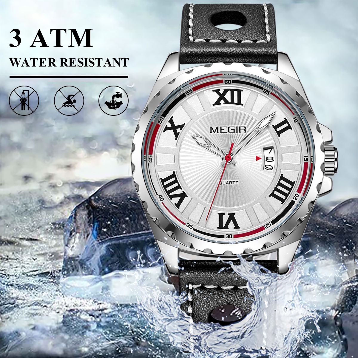 MEGIR 1019 men's sport watch water-resistance graphic noting protection from splashing but not swimming