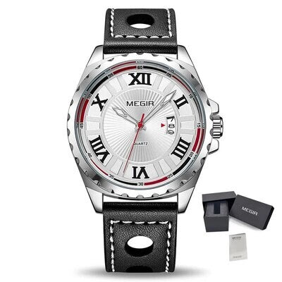 MEGIR 1019 men's sport watch, white Roman-numeral dial and coin-edge bezel on a black perforated leather strap