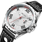 MEGIR 1019 men's sport watch, white Roman-numeral dial and coin-edge bezel on a black strap, three-quarter view