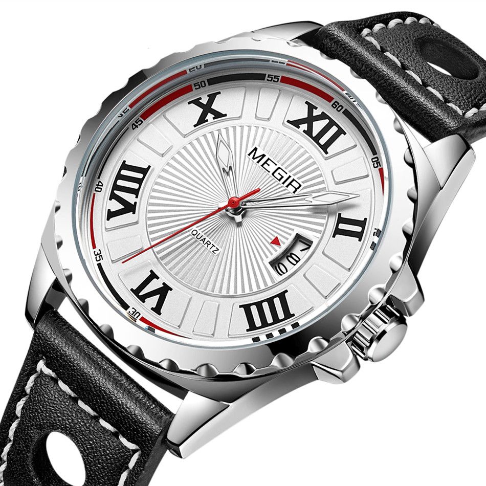 MEGIR 1019 men's sport watch, white Roman-numeral dial and coin-edge bezel on a black strap, three-quarter view