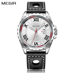 MEGIR 1019 men's sport watch, white Roman-numeral dial, silver-tone coin-edge bezel and black strap, front view