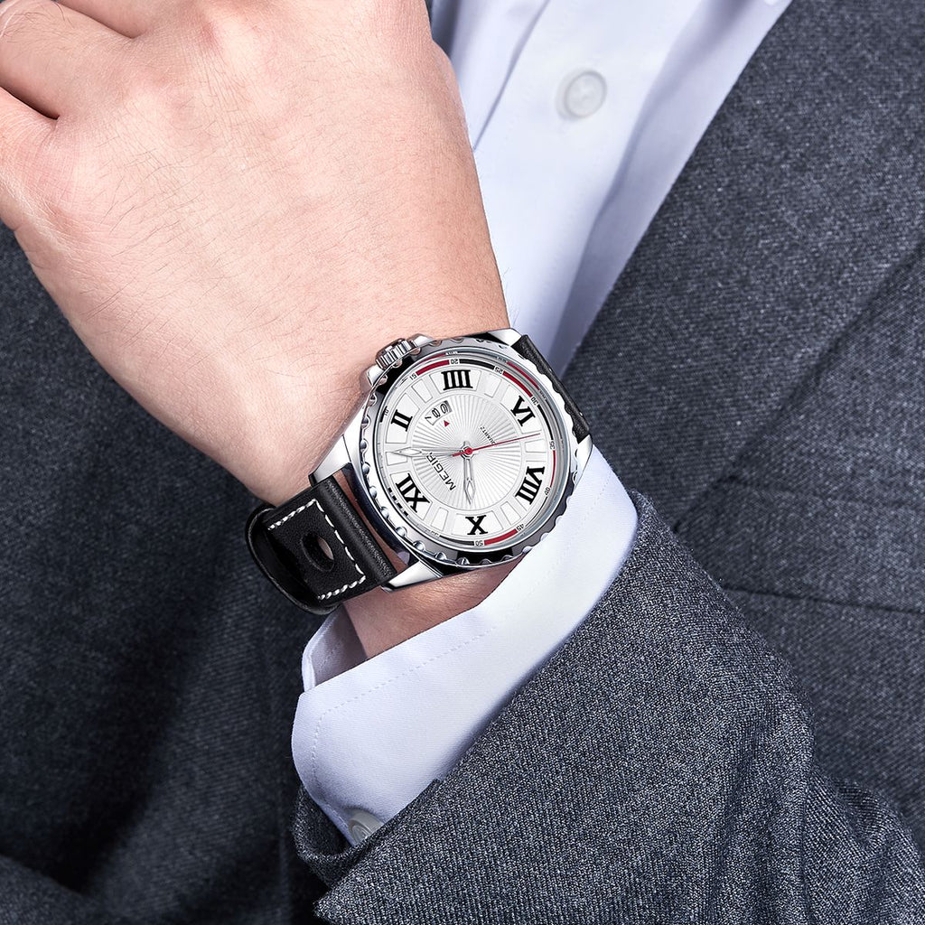 MEGIR 1019 men's sport watch on the wrist, white Roman-numeral dial and coin-edge bezel with a black leather strap