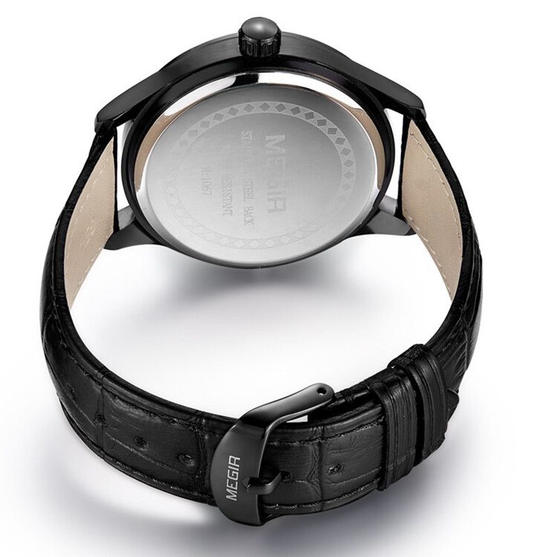 MEGIR 1067 men's watch black case back and buckle shown from the reverse over a black leather strap
