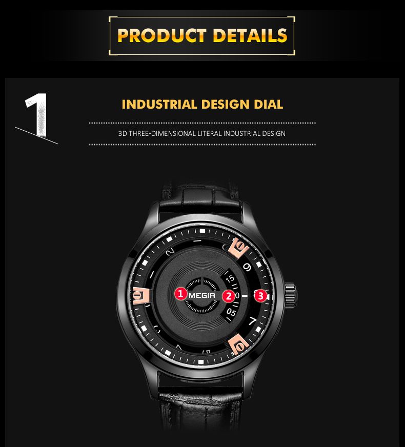 MEGIR 1067 men's watch graphic highlighting the three-dimensional industrial-style dial design