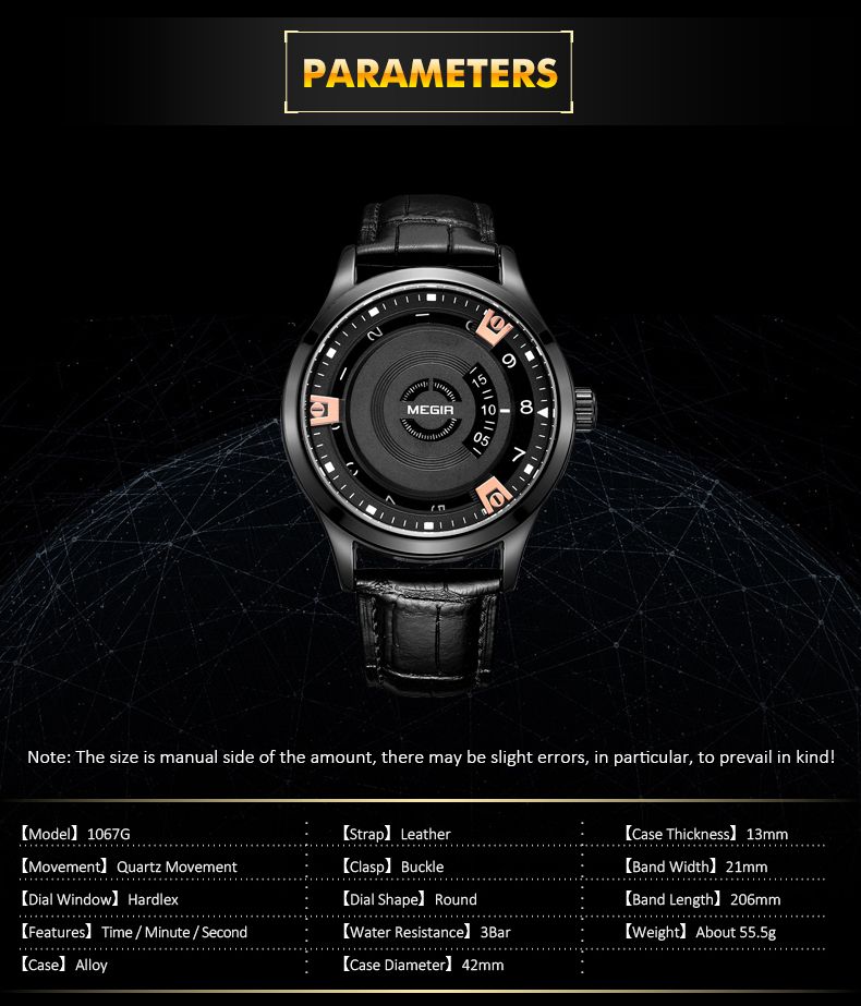MEGIR 1067 men's watch parameters graphic with case diameter, thickness and band dimensions