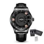 MEGIR 1067 men's watch, black case with an industrial-style open dial and rose-gold accents on a black leather strap