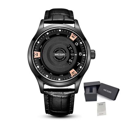 MEGIR 1067 men's watch, black case with an industrial-style open dial and rose-gold accents on a black leather strap