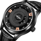 MEGIR 1067 men's watch, black case and industrial-style dial with rose-gold accents, three-quarter view