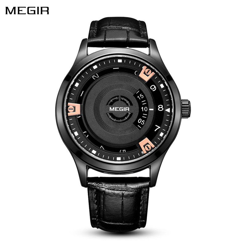 MEGIR 1067 men's watch, black case and industrial-style dial with rose-gold accents, front studio view