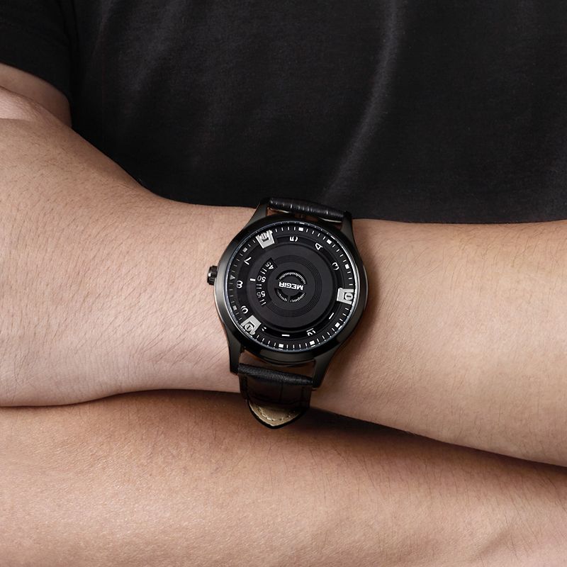 MEGIR 1067 men's watch worn on the wrist, black case with an industrial-style dial and black leather strap