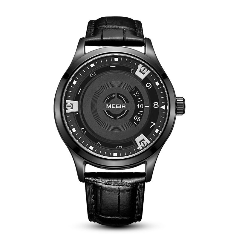 MEGIR 1067 men's watch, black case and industrial-style dial with silver-tone accents, front studio view