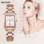 MEGIR 1079 women's watch worn by a model, rose-gold rectangular case and bracelet with a white dial