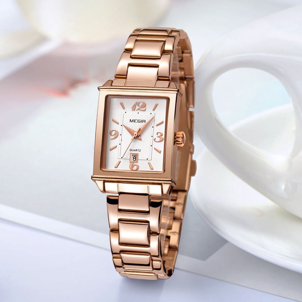 MEGIR 1079 women's watch, rose-gold rectangular case and bracelet with a white dial, styled with a cup