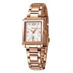 MEGIR 1079 women's watch, rose-gold rectangular case and bracelet with a white numeral dial, front studio view