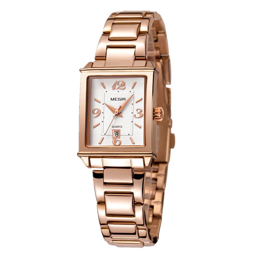 MEGIR 1079 women's watch, rose-gold rectangular case and bracelet with a white numeral dial, front studio view