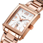 MEGIR 1079 women's watch, rose-gold rectangular case and bracelet with a white dial, three-quarter view